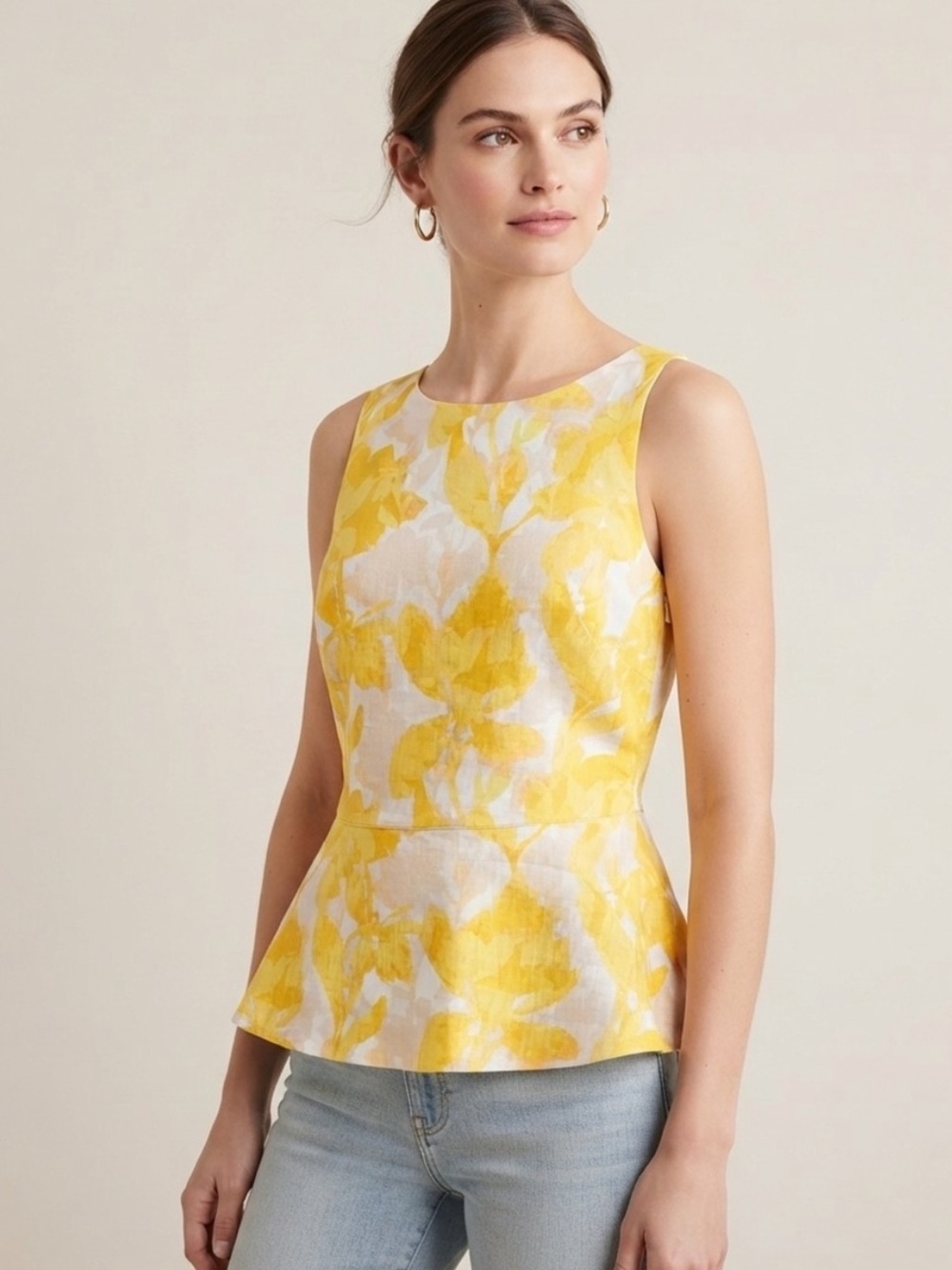 Banana Republic Yellow & White Floral Sleeveless Peplum Top
